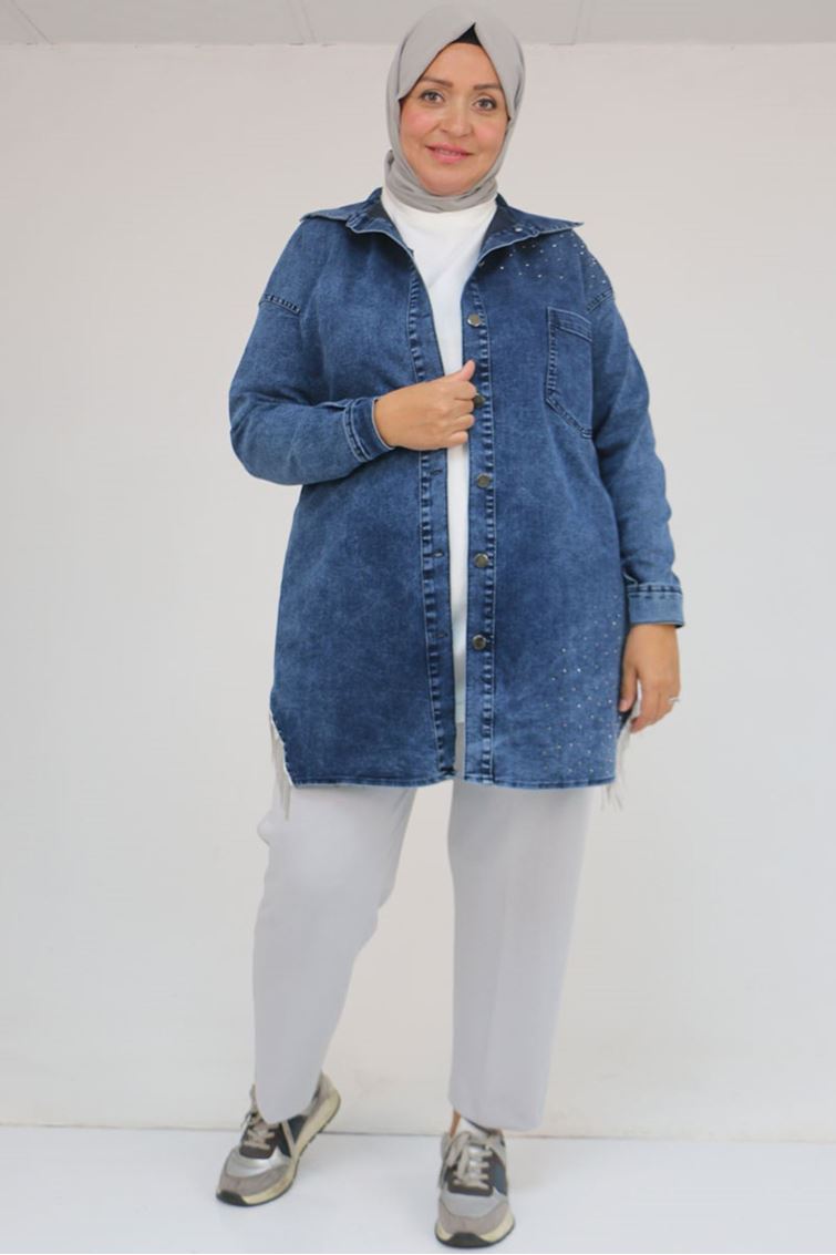 43009 Büyük Beden Erkek Yaka Kot Kap - Mavi