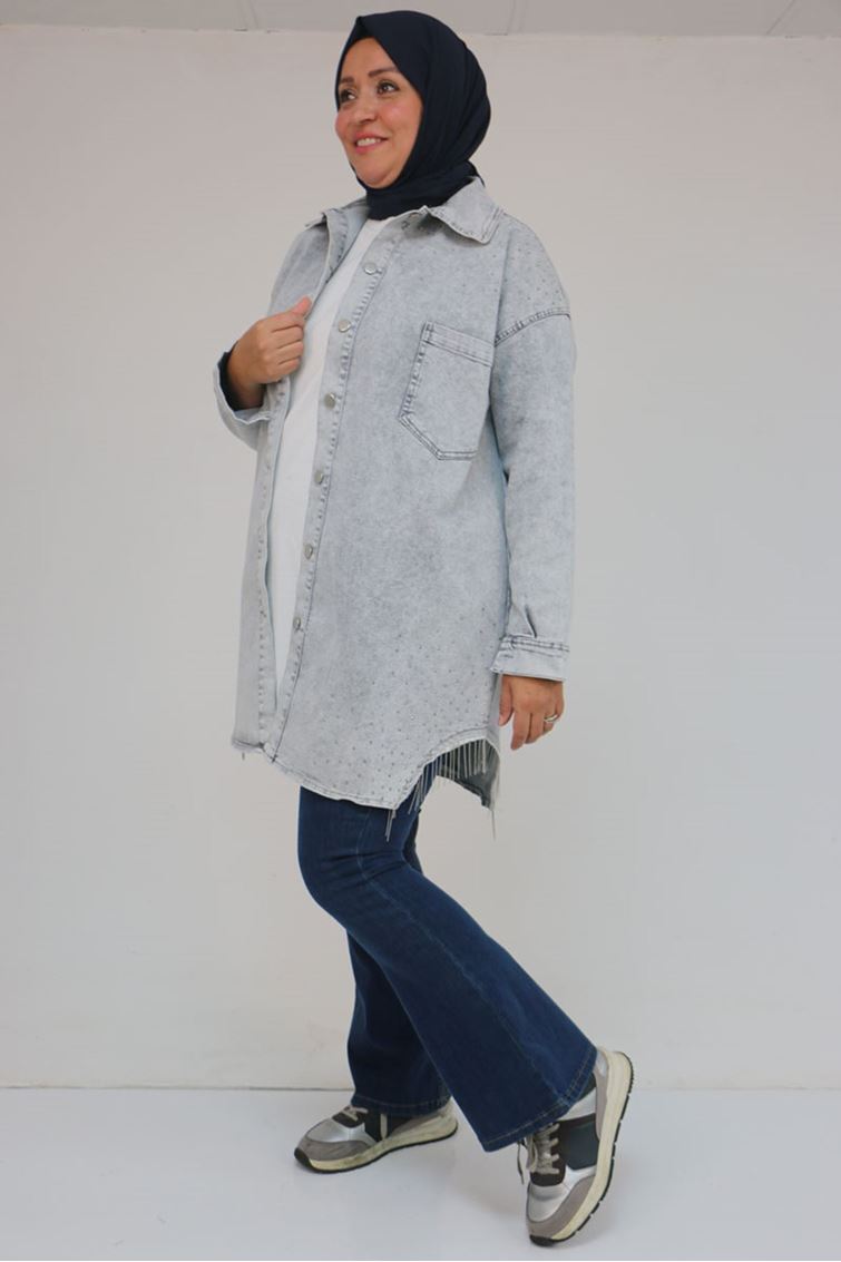 43009 Büyük Beden Erkek Yaka Kot Kap - Gri