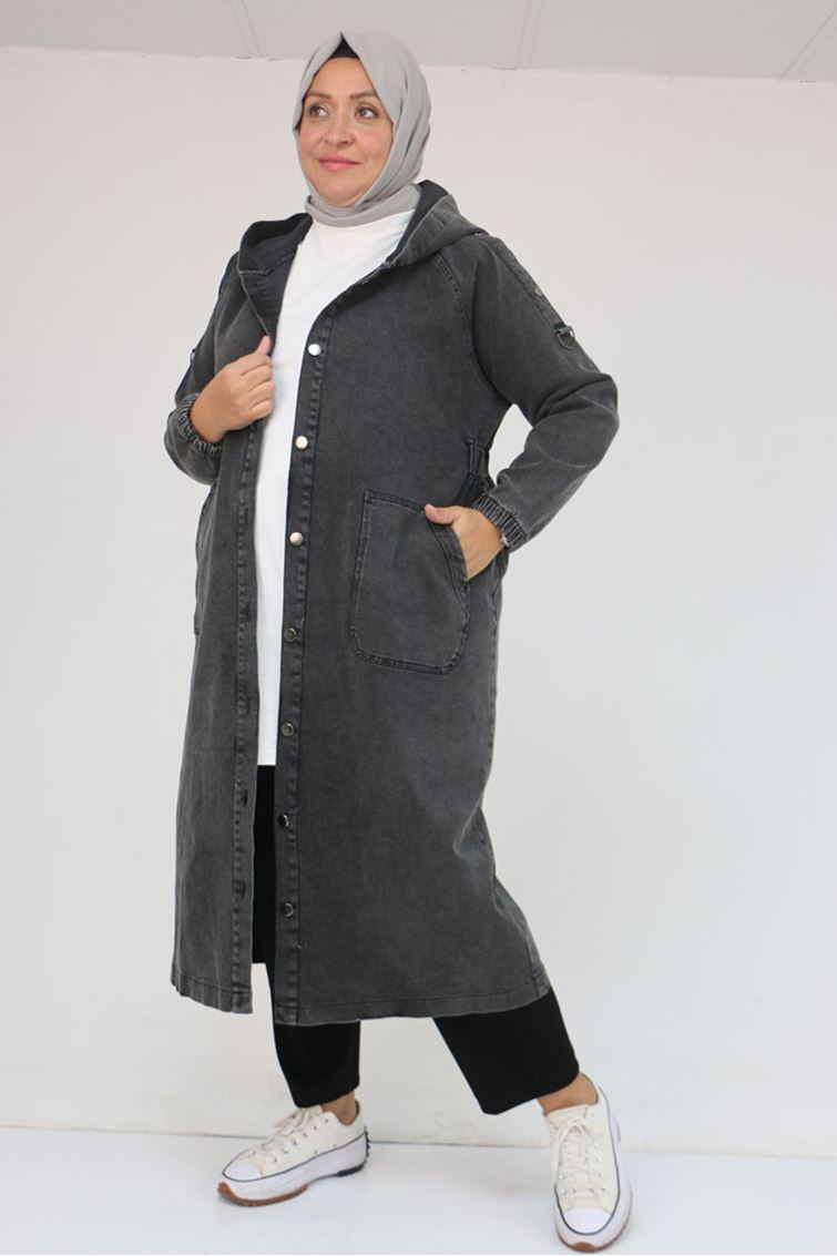 43049-E Büyük Beden Kapüşonlu  D Halkalı Kot Kap - Siyah 