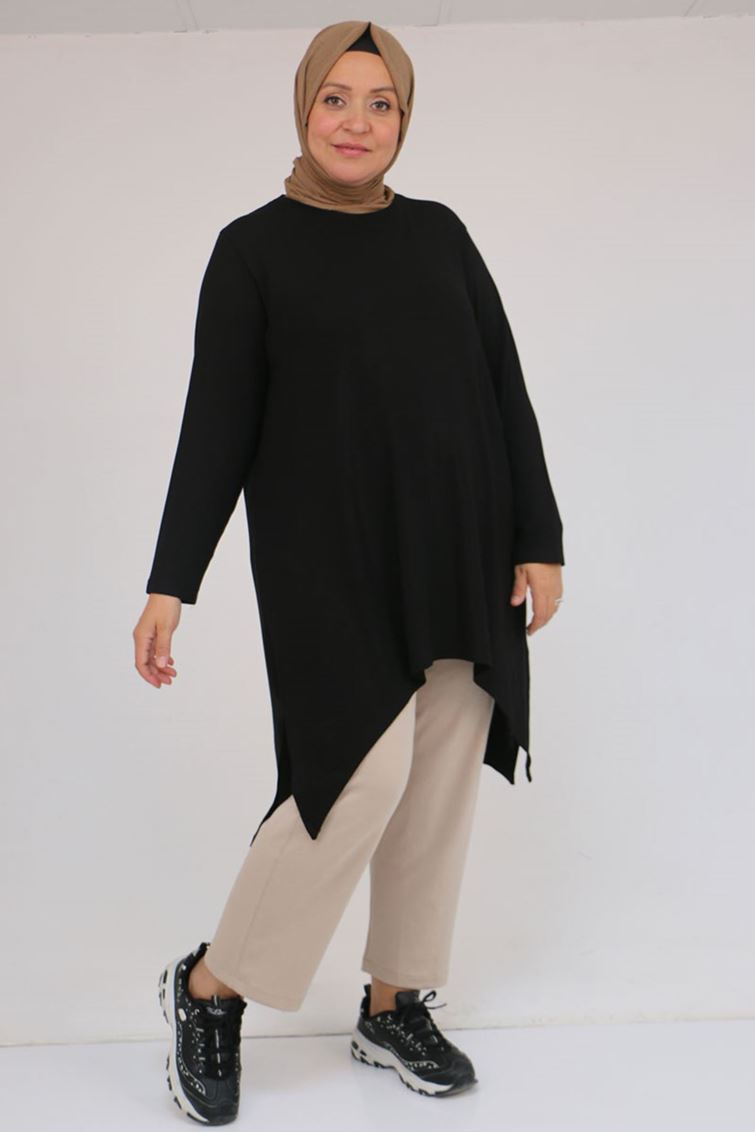 58106 Büyük Beden Eteği Asimetrik Kesim Çilek Tunik - Siyah