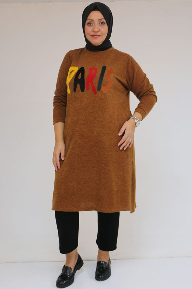 58107 Büyük Beden Önü Paris Baskılı Mir Tunik - Taba