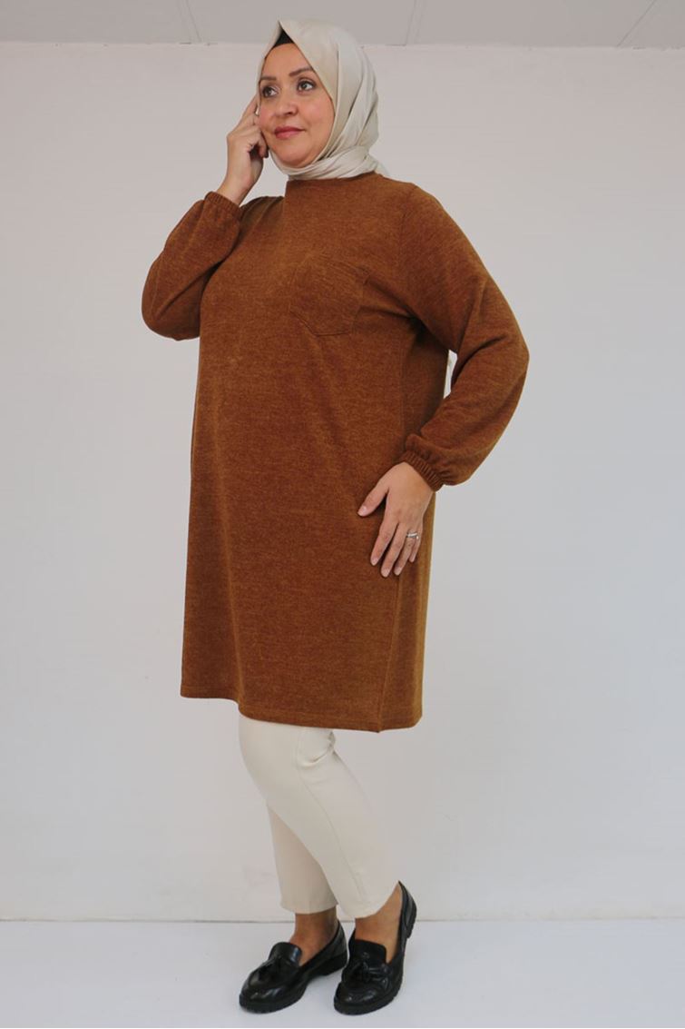 58104 Büyük Beden Kolu Lastikli Cepli Mir Tunik - Taba