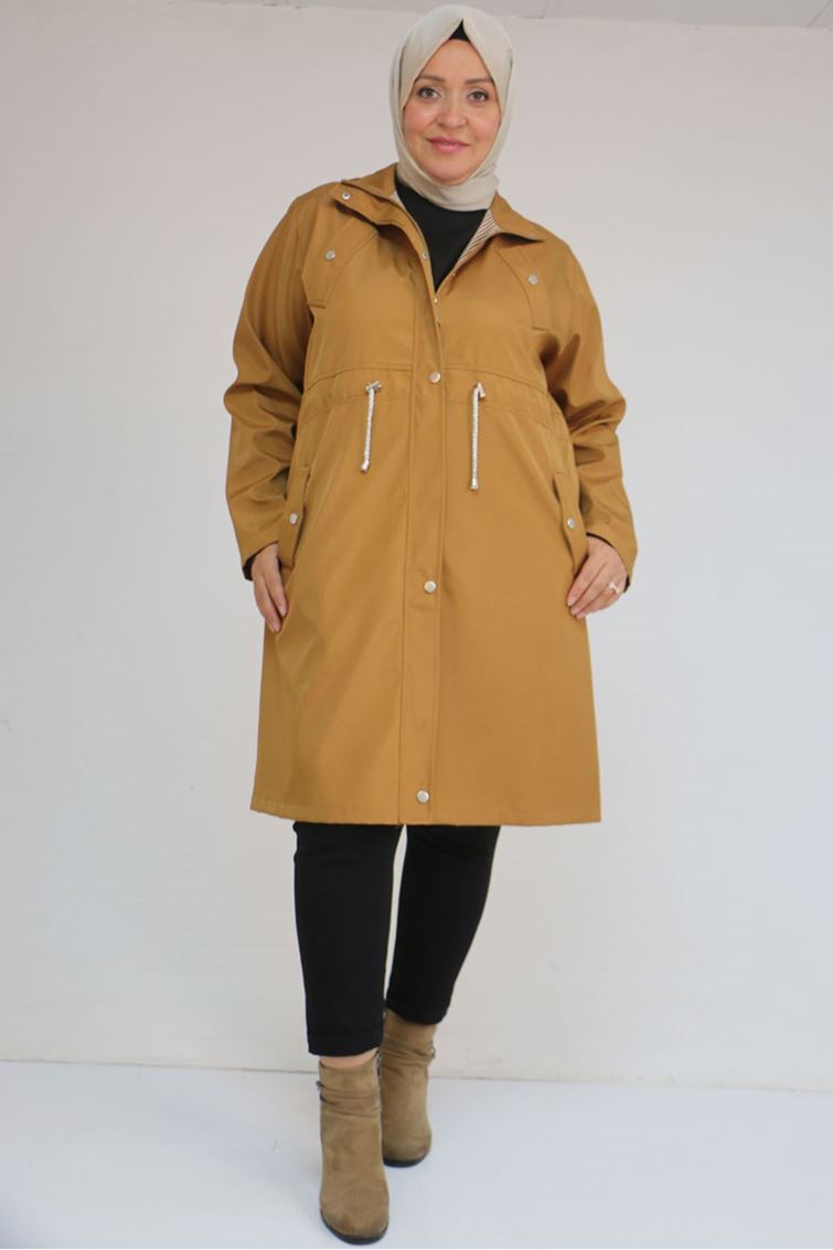 43054 Büyük Beden Belden Bağlamalı Çizgili Bondit Trençkot - Taba