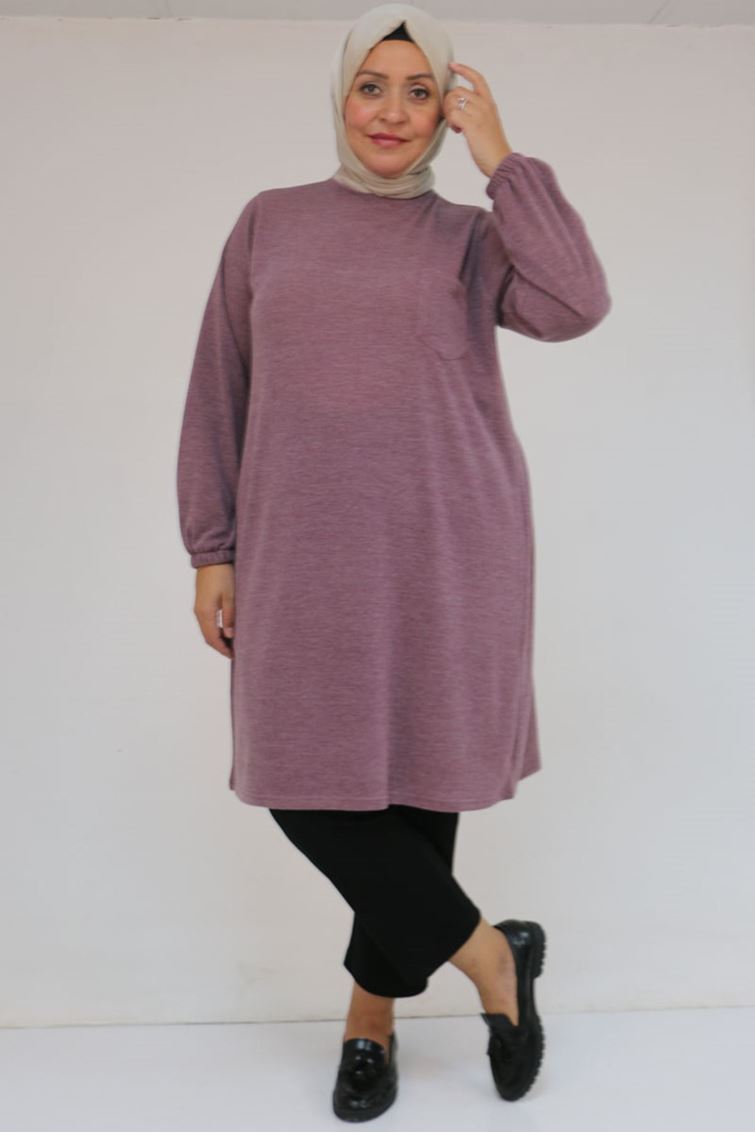 58104 Büyük Beden Kolu Lastikli Cepli Mir Tunik - Gül Kurusu