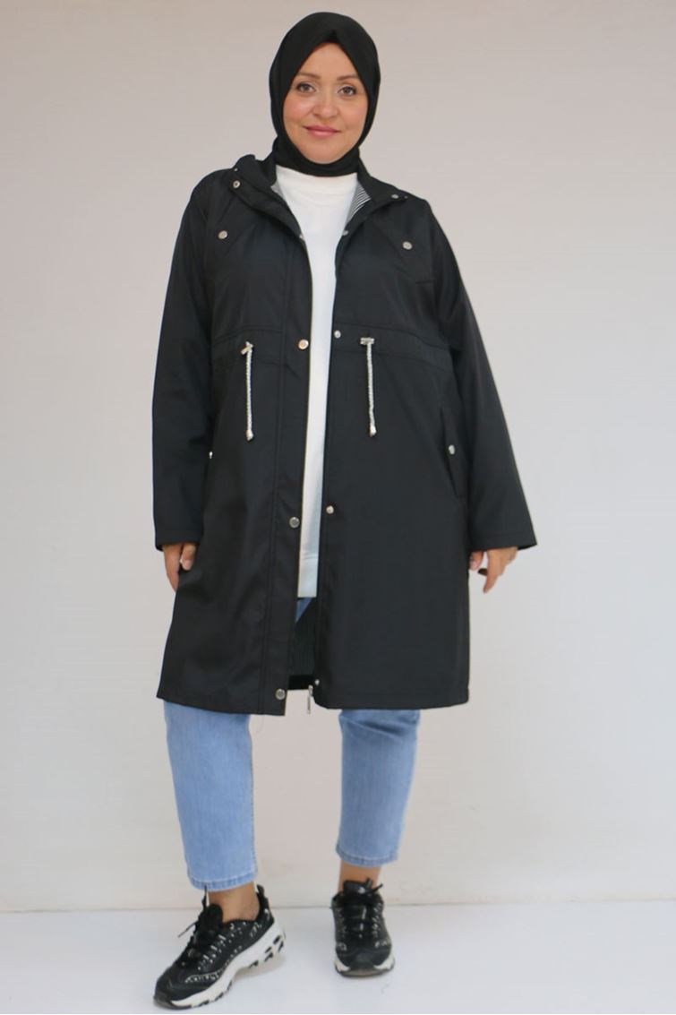 43054 Büyük Beden Belden Bağlamalı Çizgili Bondit Trençkot - Siyah