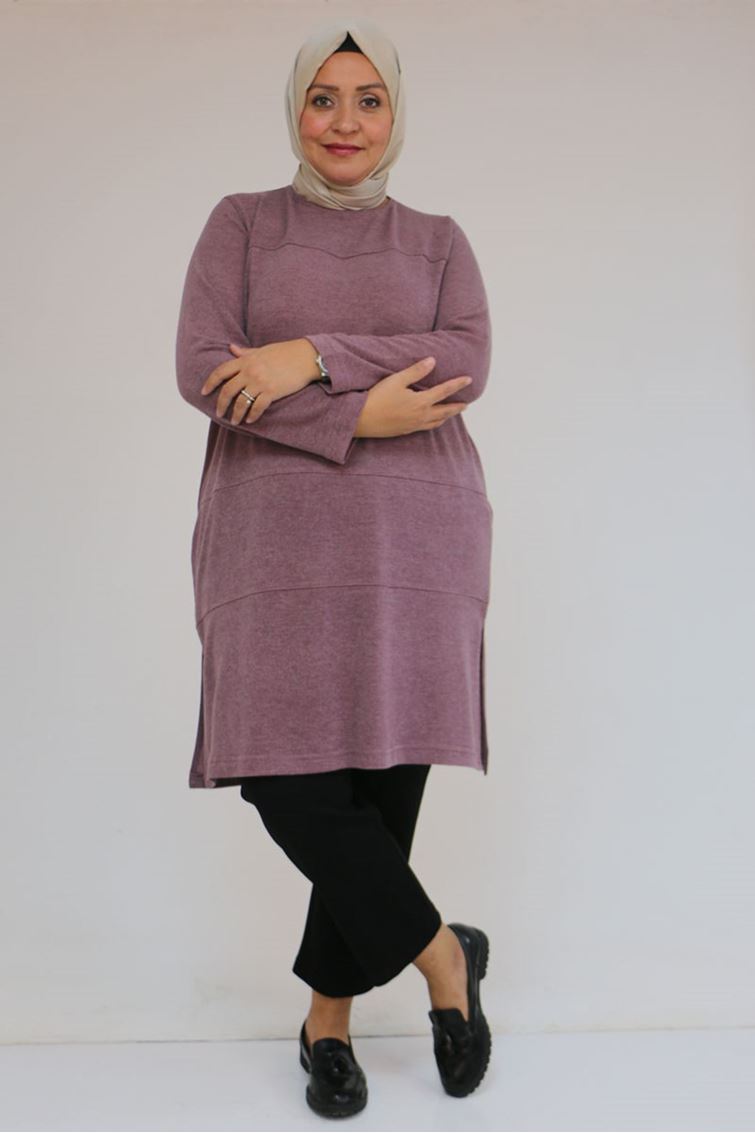 58103 Büyük Beden Biye Detaylı Mir Tunik - Gül Kurusu