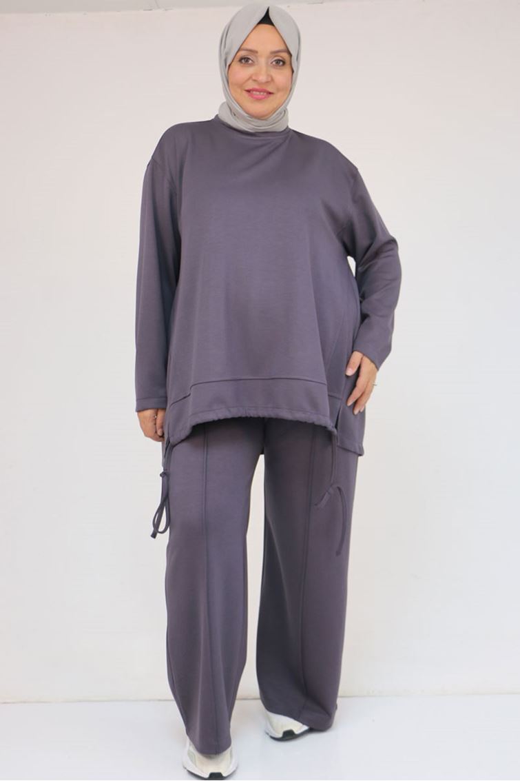 57050 Büyük Beden Etek Ucu Parçalı Modal Pantolonlu Takım - Antrasit