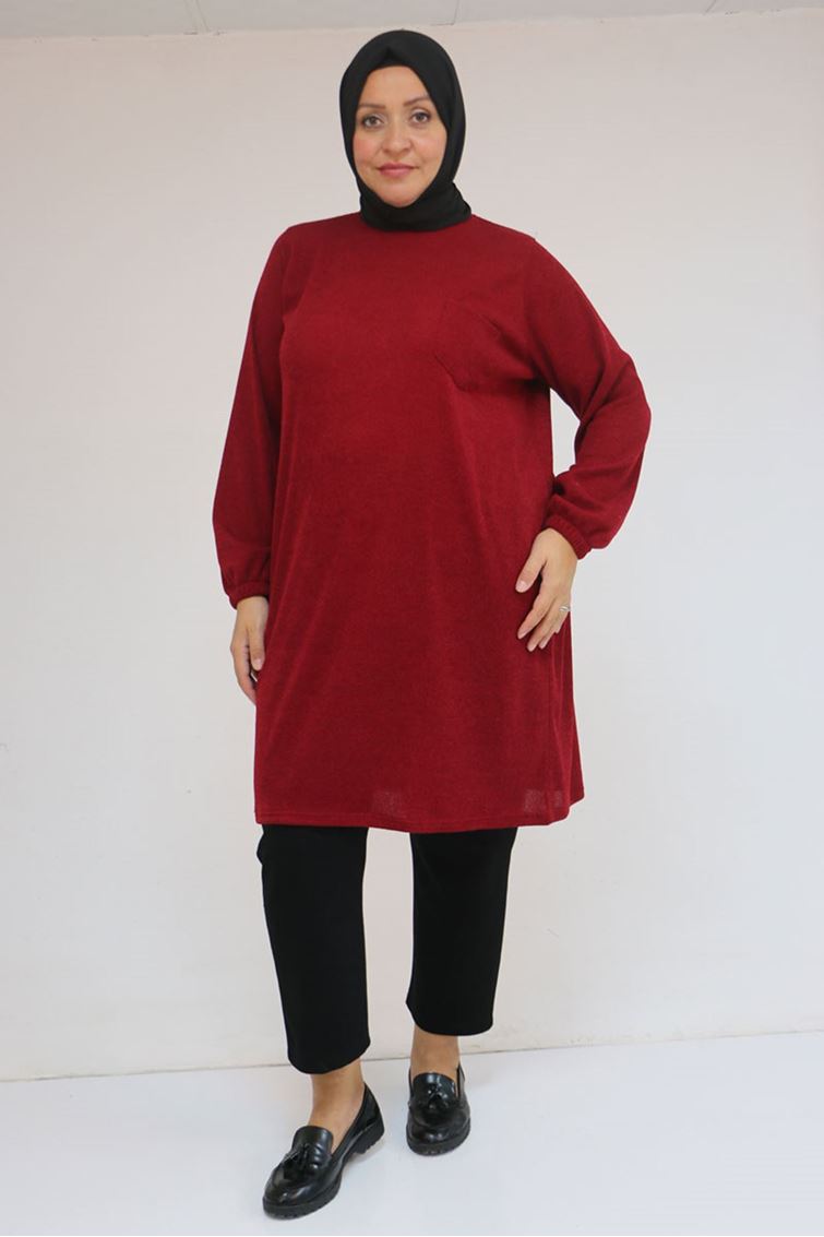 58104 Büyük Beden Kolu Lastikli Cepli Mir Tunik - Bordo