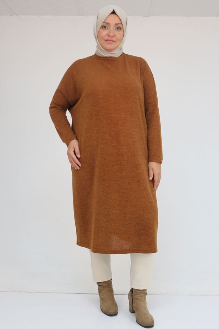 58101 Büyük Beden Düşükkol Mir Tunik - Taba