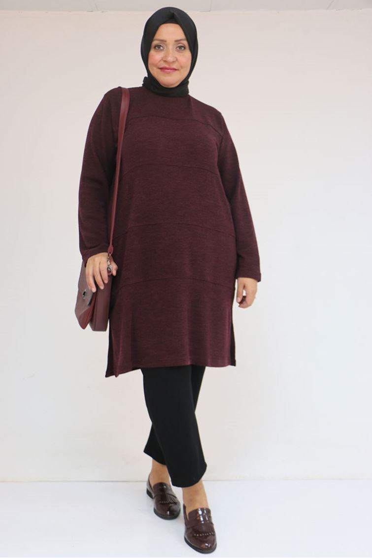 58103 Büyük Beden Biye Detaylı Mir Tunik - Mürdüm