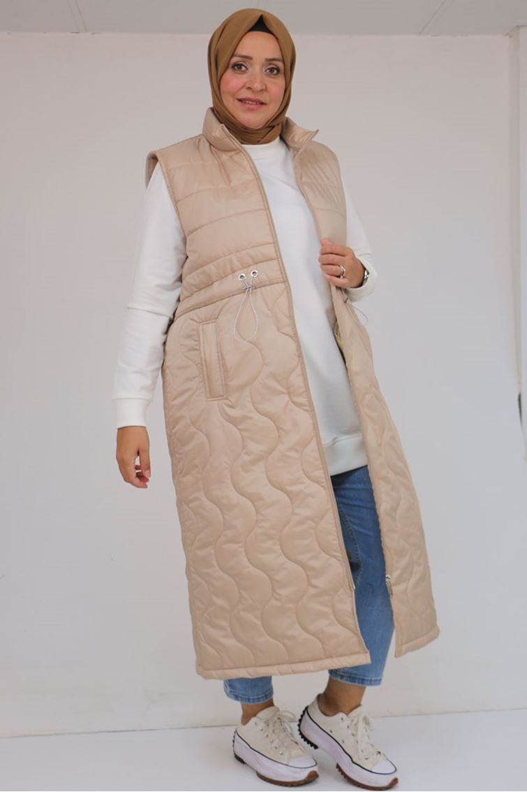 44009 Büyük Beden Bebe Lastiği Detaylı Kapitone Yelek - Vizon