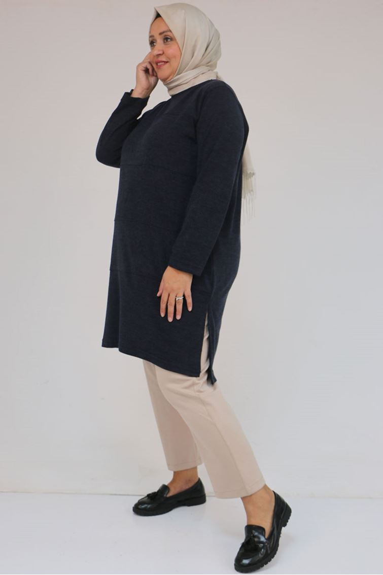 58103 Büyük Beden Biye Detaylı Mir Tunik - Lacivert