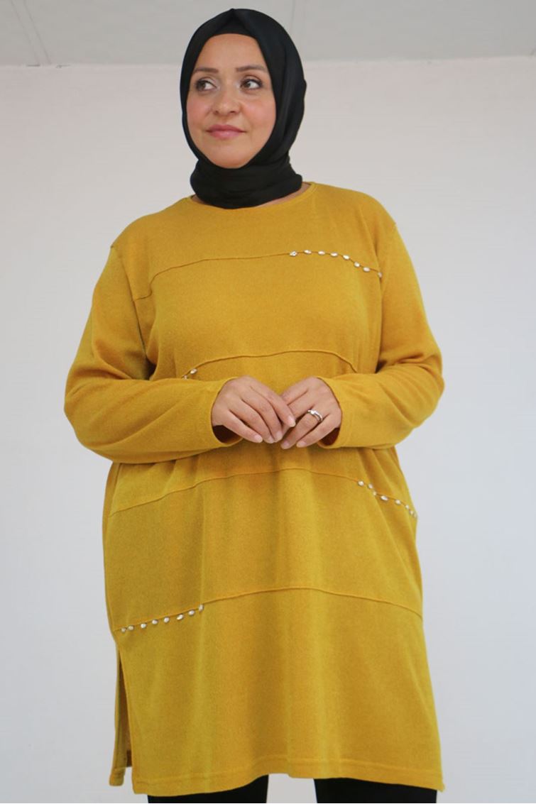 58113 Büyük Beden Dikme Taş Detaylı Çımalı Mir Tunik - Hardal