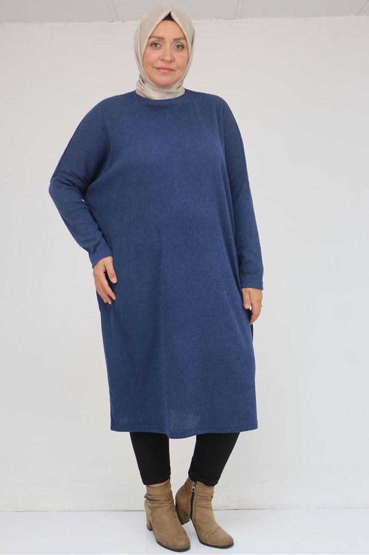 58101 Büyük Beden Düşükkol Mir Tunik - İndigo