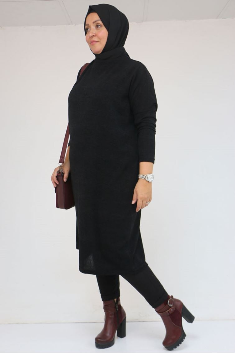 58101 Büyük Beden Düşükkol Mir Tunik - Siyah