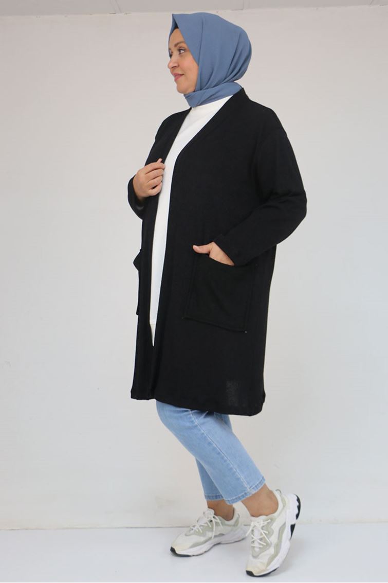 53034 Büyük Beden Cep Detaylı Mir Ceket - Siyah