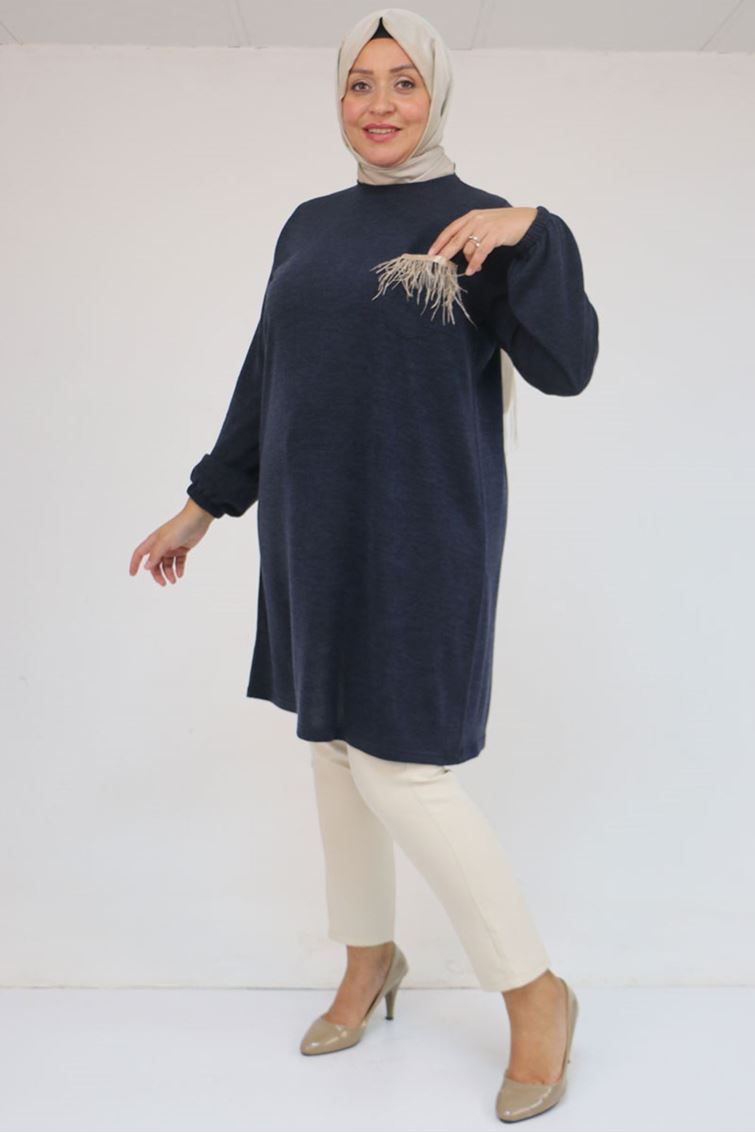 58114 Büyük Beden Kolları Lastikli Cebi Püskül Detaylı Mir Tunik - Lacivert