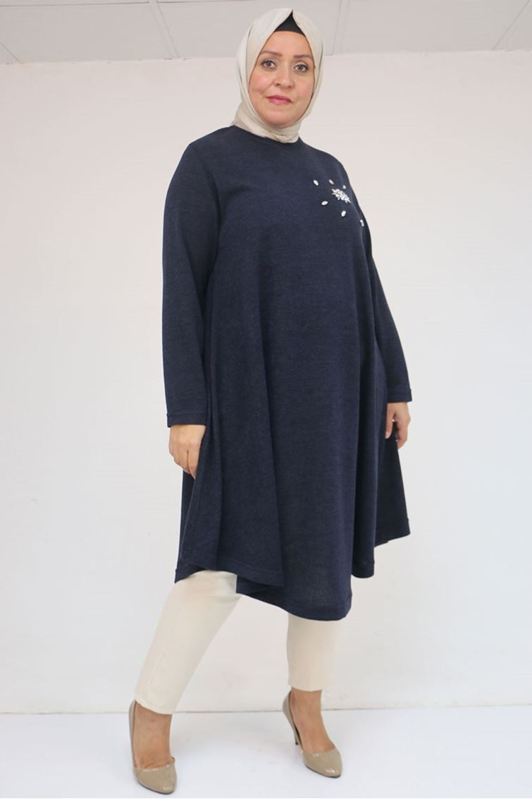 58117 Büyük Beden Taş Detaylı Mevlana Mir Tunik - Lacivert