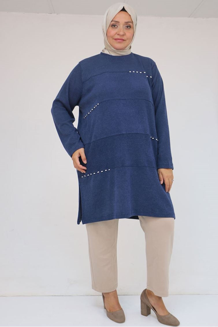 58113 Büyük Beden Dikme Taş Detaylı Çımalı Mir Tunik - İndigo