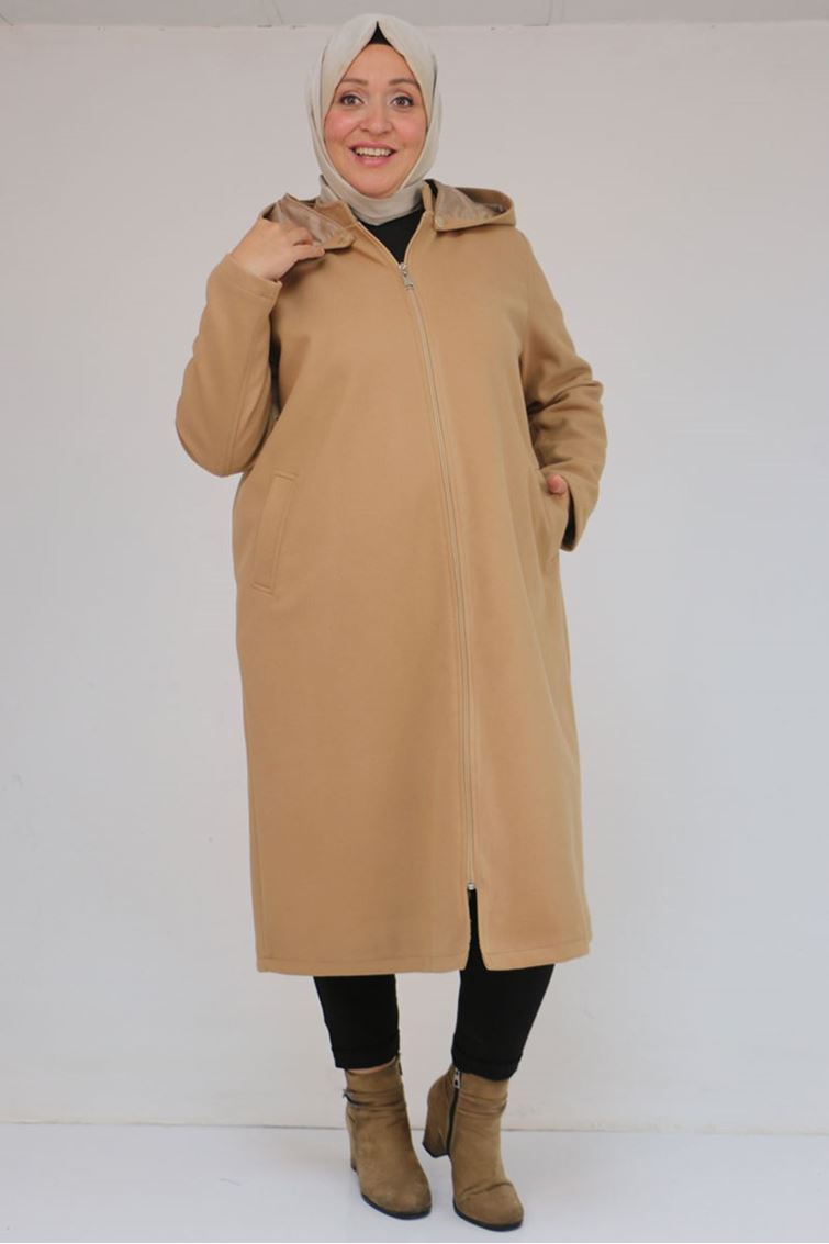 53033 Büyük Beden Kapşonlu Boydan Fermuarlı Kaşe Kaban - Taba