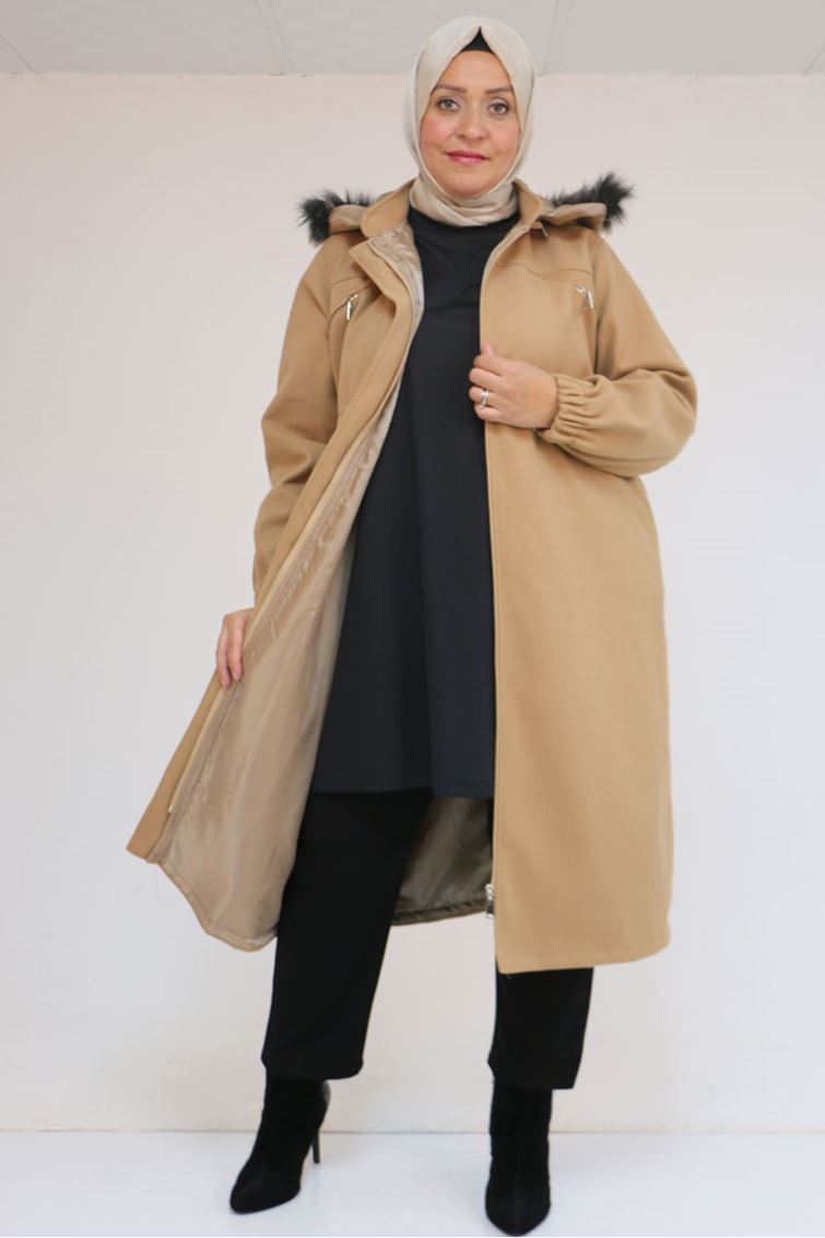 43087 Büyük Beden Kolları Lastikli Kapşonlu Kaşe Kaban - Taba