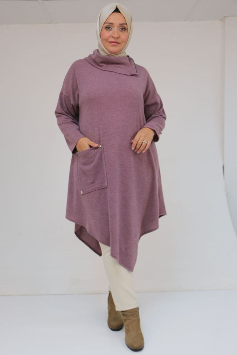 58100 Büyük Beden Yakkasında Fermuar Detaylı Mir Tunik - Gül Kurusu