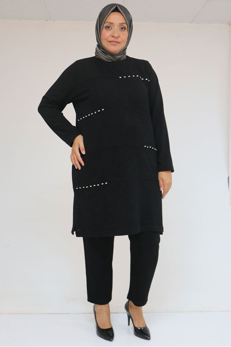 58113 Büyük Beden Dikme Taş Detaylı Çımalı Mir Tunik - Siyah