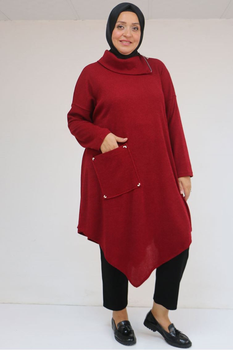 58100 Büyük Beden Yakkasında Fermuar Detaylı Mir Tunik - Bordo