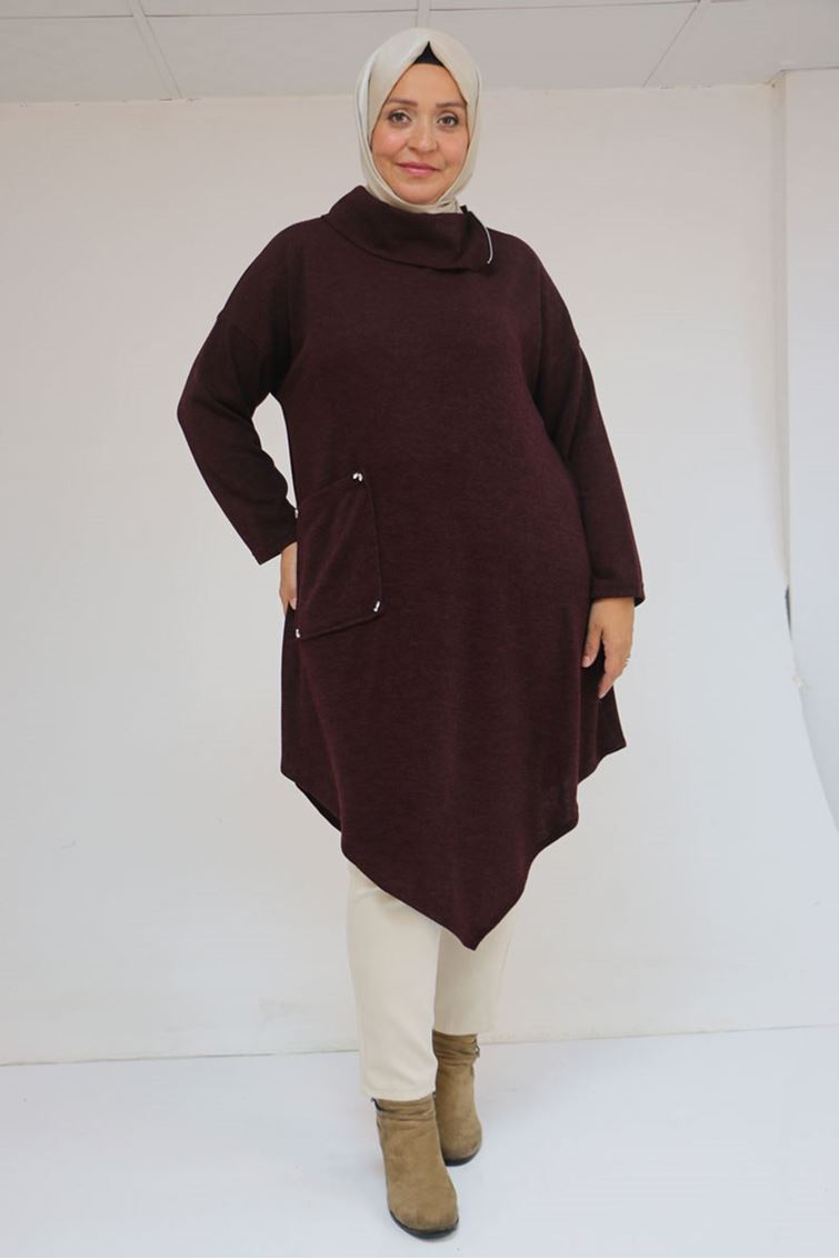 58100 Büyük Beden Yakkasında Fermuar Detaylı Mir Tunik - Mürdüm