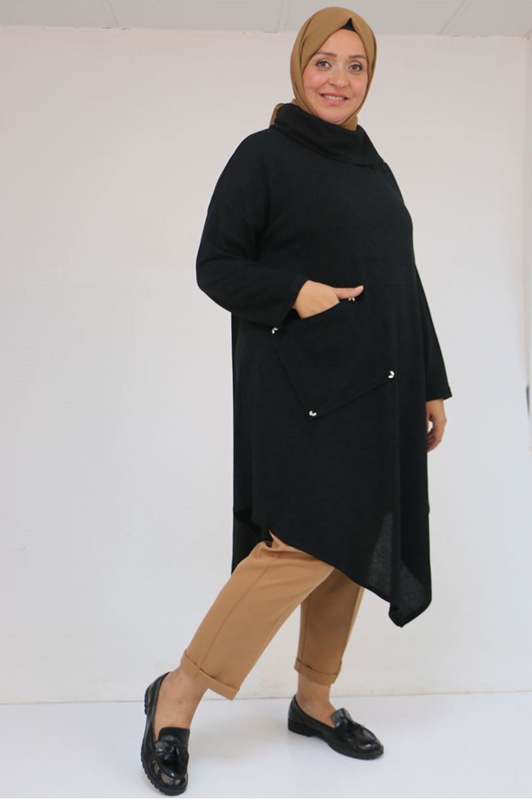 58100 Büyük Beden Yakkasında Fermuar Detaylı Mir Tunik - Siyah