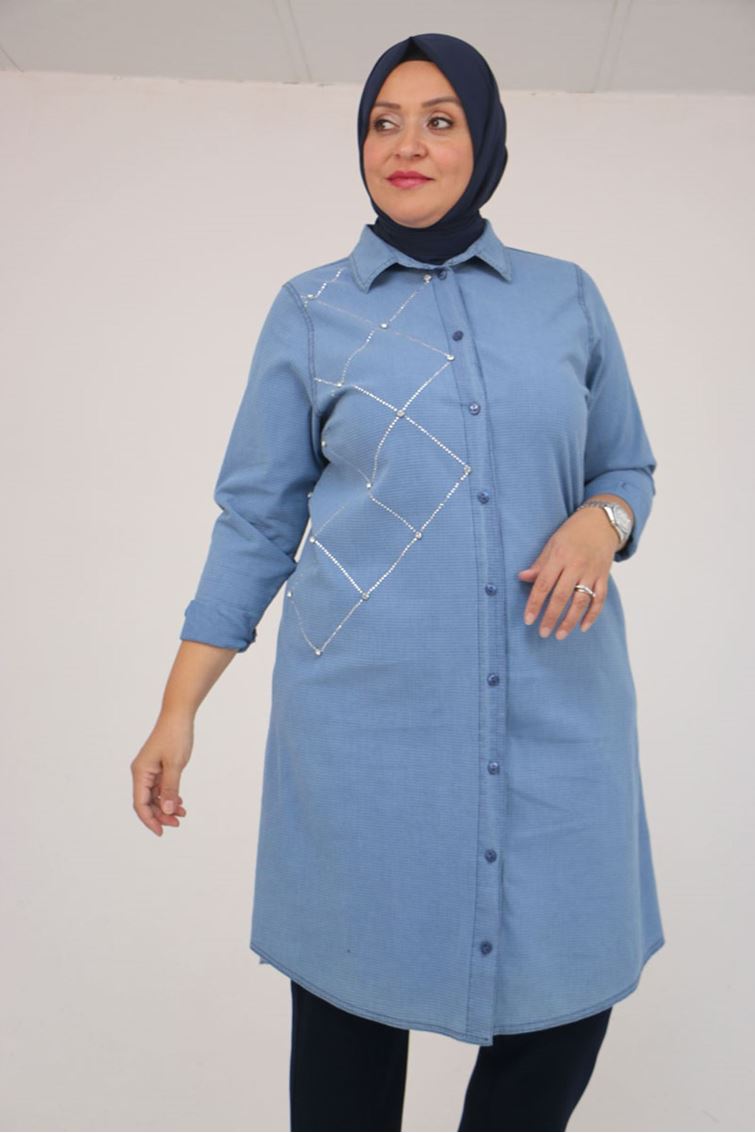 58123 Büyük Beden Önü Taş Detaylı Kot Düğmeli Tunik - Petekli