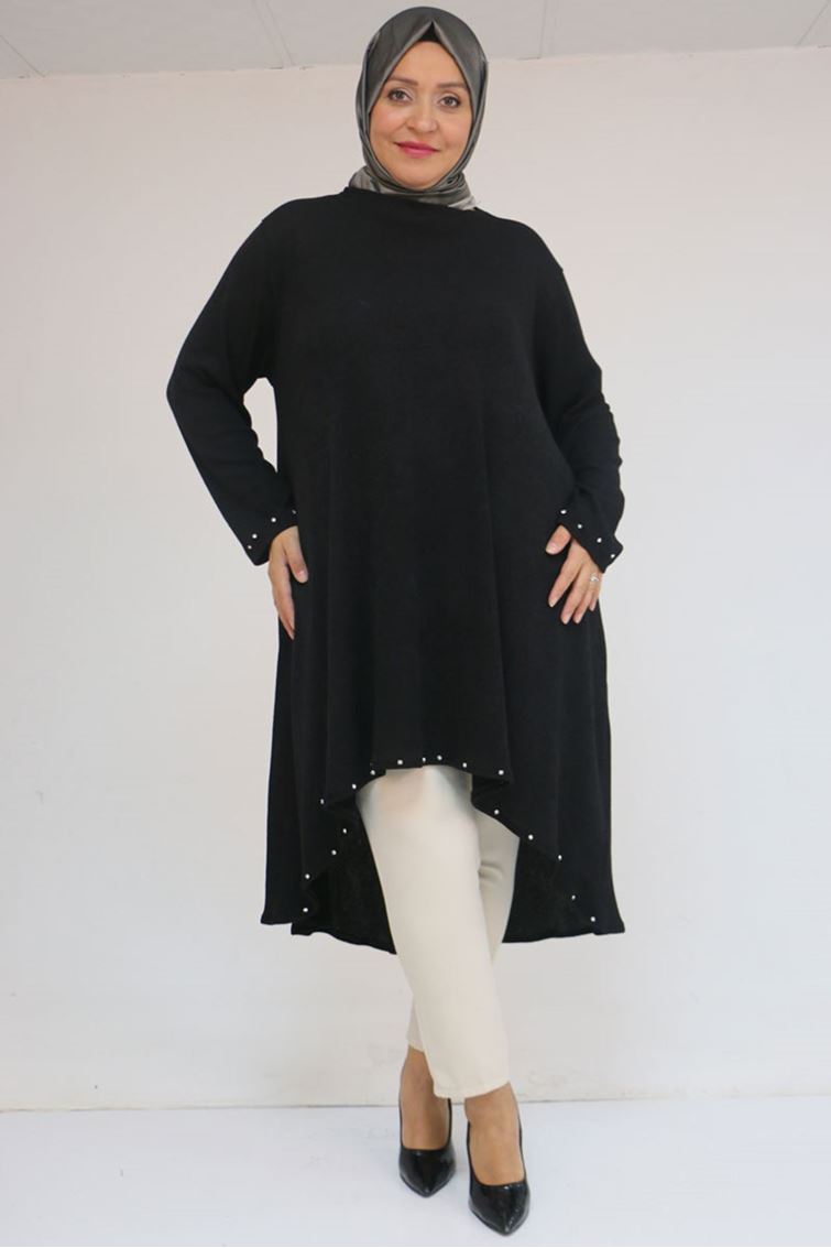 58124 Büyük Beden Eteği Ve Kolu Beyoğlu Detaylı Mir Tunik - Siyah