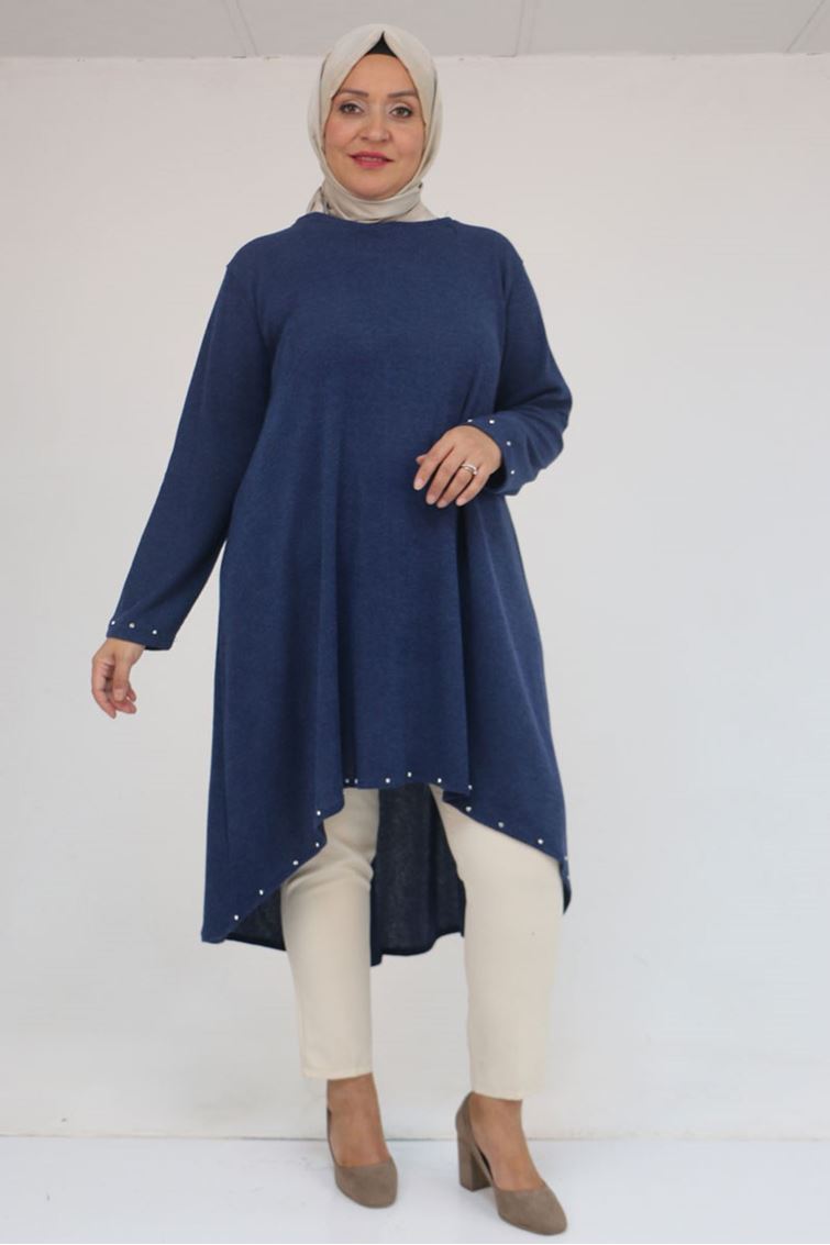 58124 Büyük Beden Eteği Ve Kolu Beyoğlu Detaylı Mir Tunik - İndigo