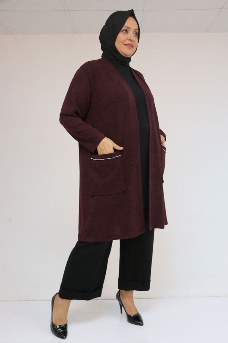 53040 Büyük Beden Cepleri Taş Detaylı Mir Ceket - Mürdüm