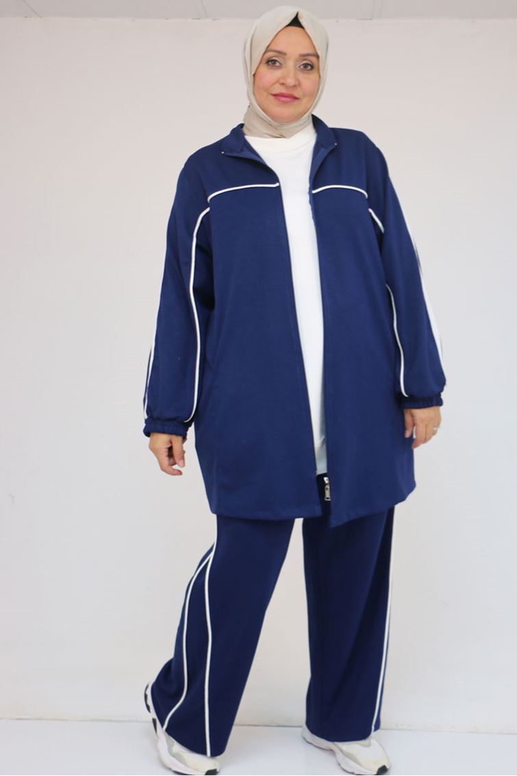 47082 Büyük Beden Kıstırma Biyeli Pantolonlu Modal Takım - İndigo