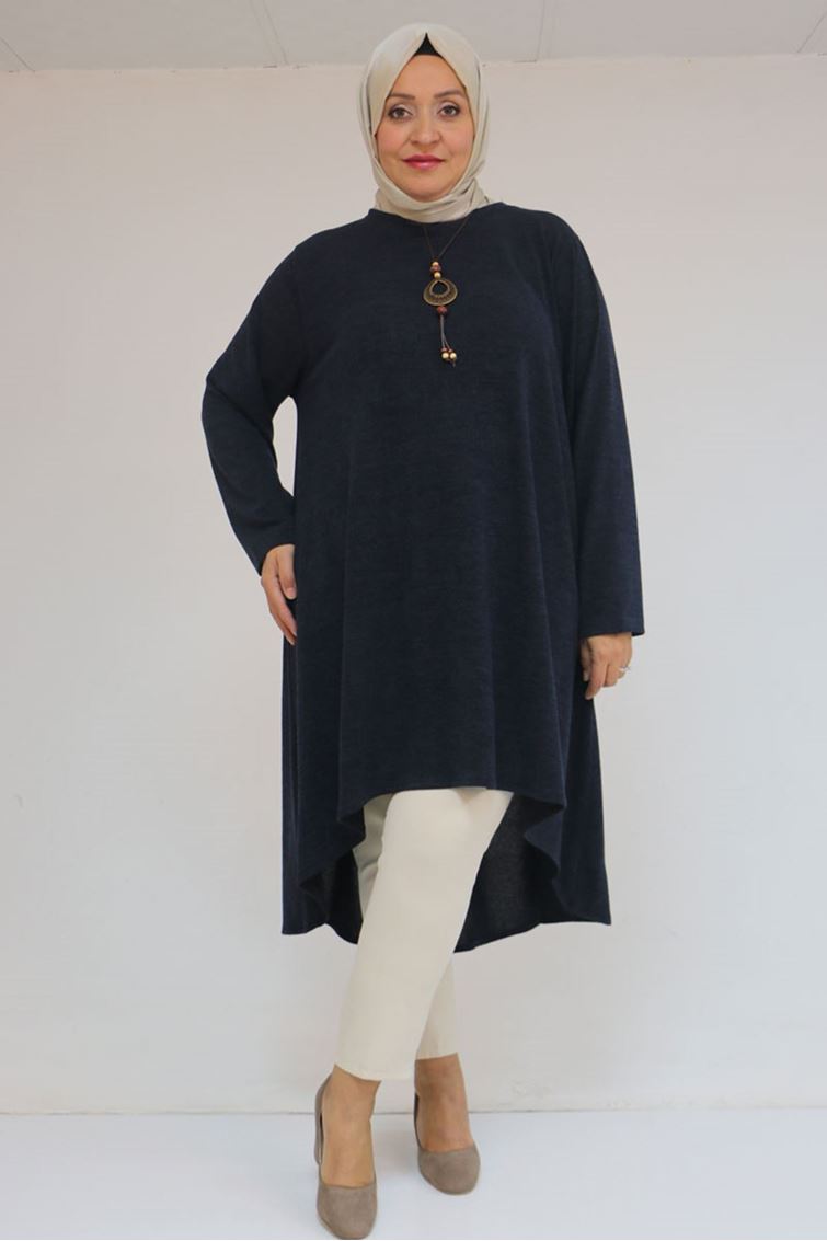 58125 Büyük Beden Eteği Oval Kesim Kolyeli Mir Tunik - Lacivert