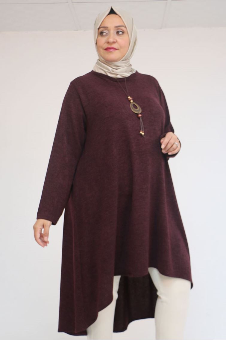 58125 Büyük Beden Eteği Oval Kesim Kolyeli Mir Tunik - Mürdüm