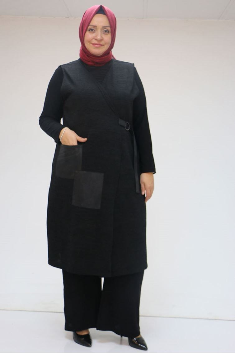 47212 Büyük Beden Yandan Bağlamamlı Yelek-Pantolon Takım - Siyah