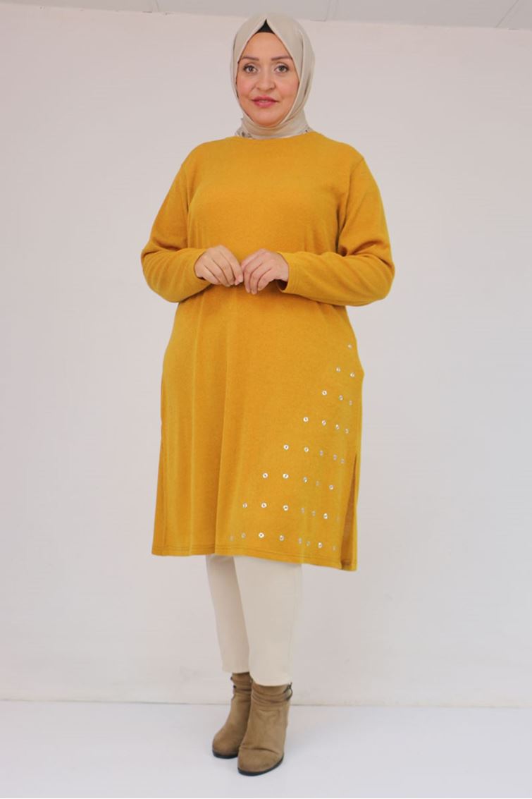 58110 Büyük Beden Yan Dikişinde Kuş Gözü Detaylı Mir Tunik - Hardal