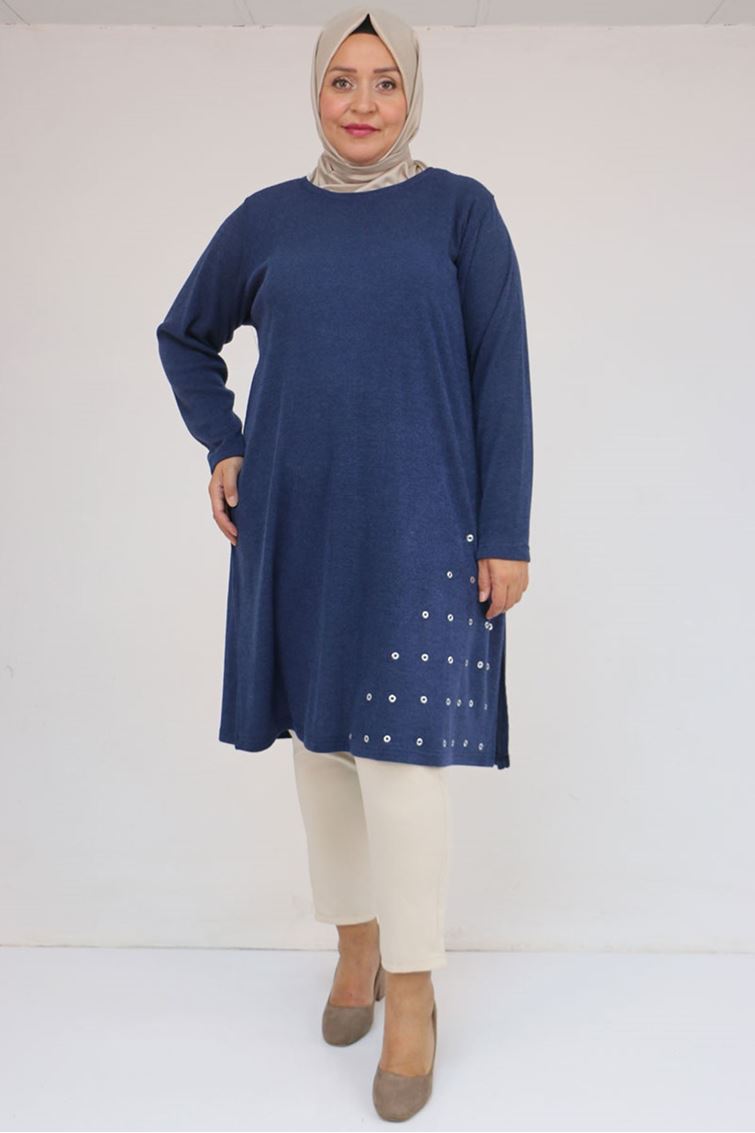 58110 Büyük Beden Yan Dikişinde Kuş Gözü Detaylı Mir Tunik - İndigo