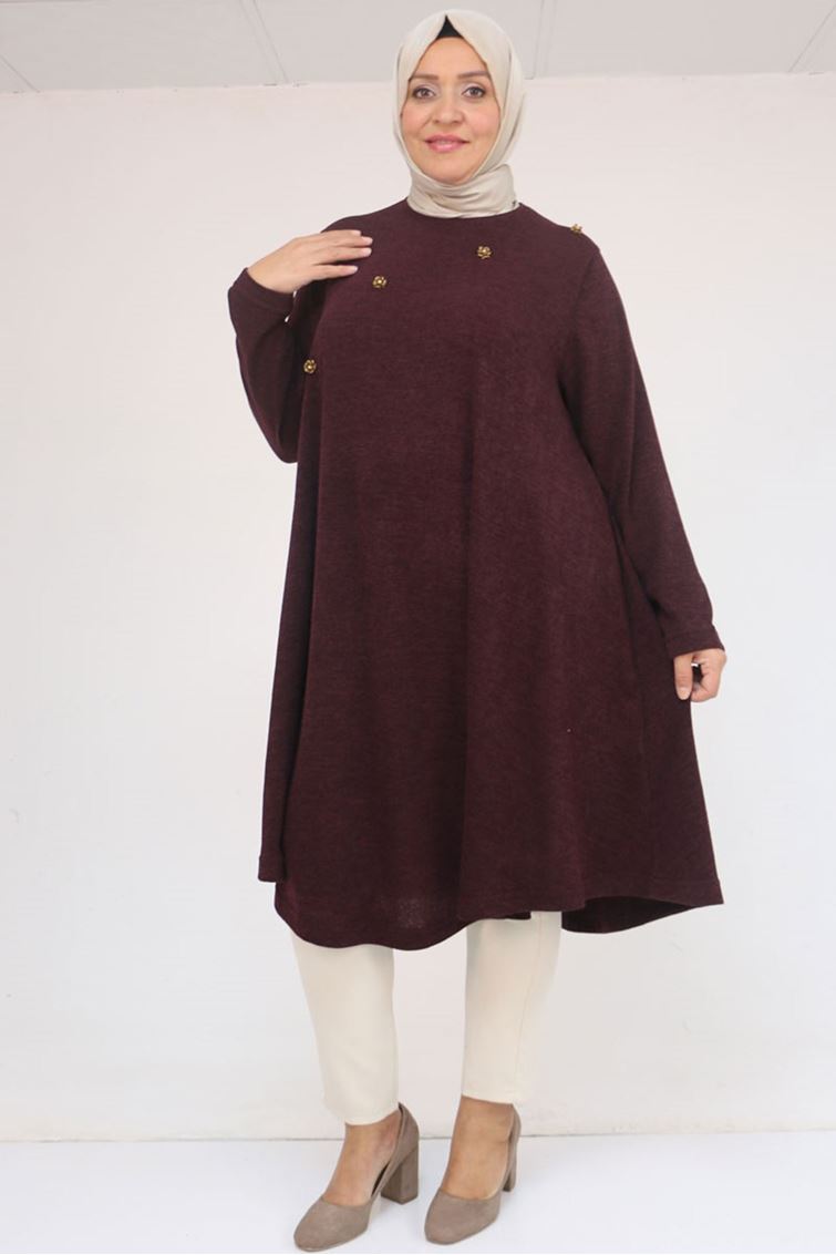 58118 Büyük Beden Çiçek Detaylı Mir Mevlana Tunik - Mürdüm