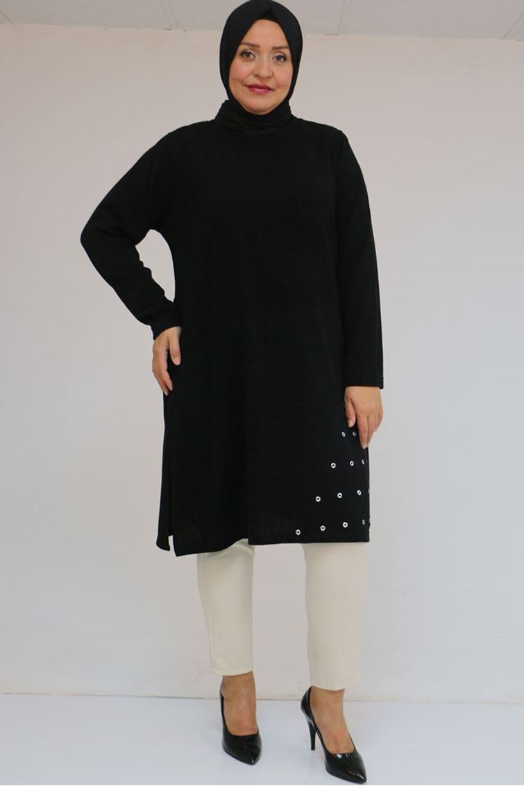 58110 Büyük Beden Yan Dikişinde Kuş Gözü Detaylı Mir Tunik - Siyah