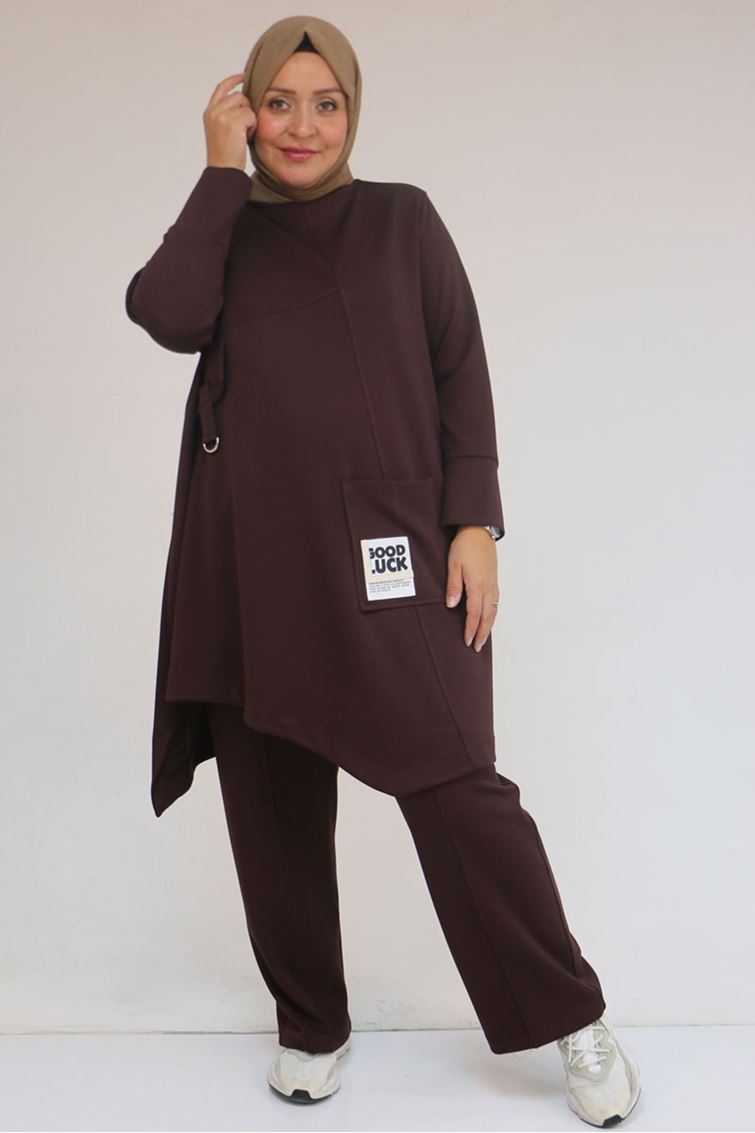 57041 Büyük Beden Cepte Arma Detaylı Modal Pantolonlu Takım - Kahve