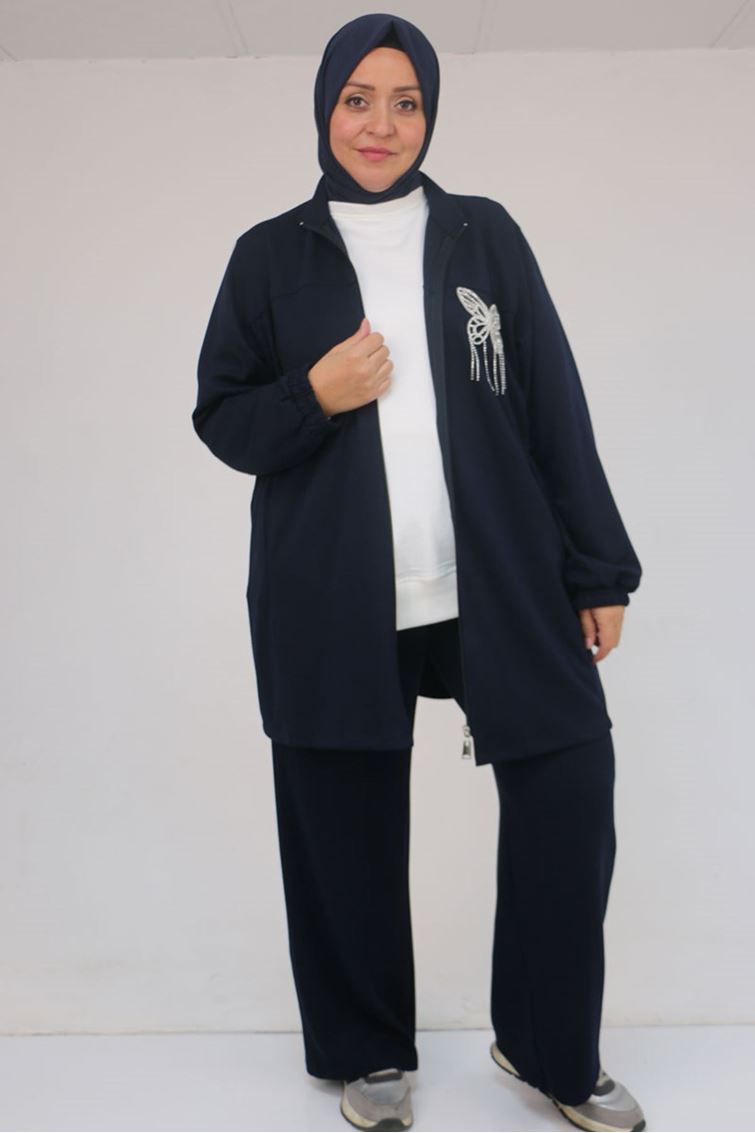 57057 Büyük Beden Fermuarlı Pantolonlu Modal Takım - Lacivert