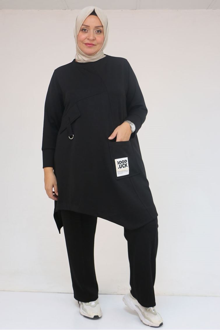 57041 Büyük Beden Cepte Arma Detaylı Modal Pantolonlu Takım - Siyah