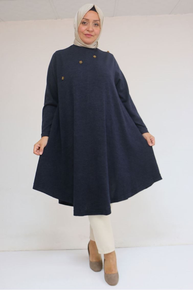 58118 Büyük Beden Çiçek Detaylı Mir Mevlana Tunik - Lacivert