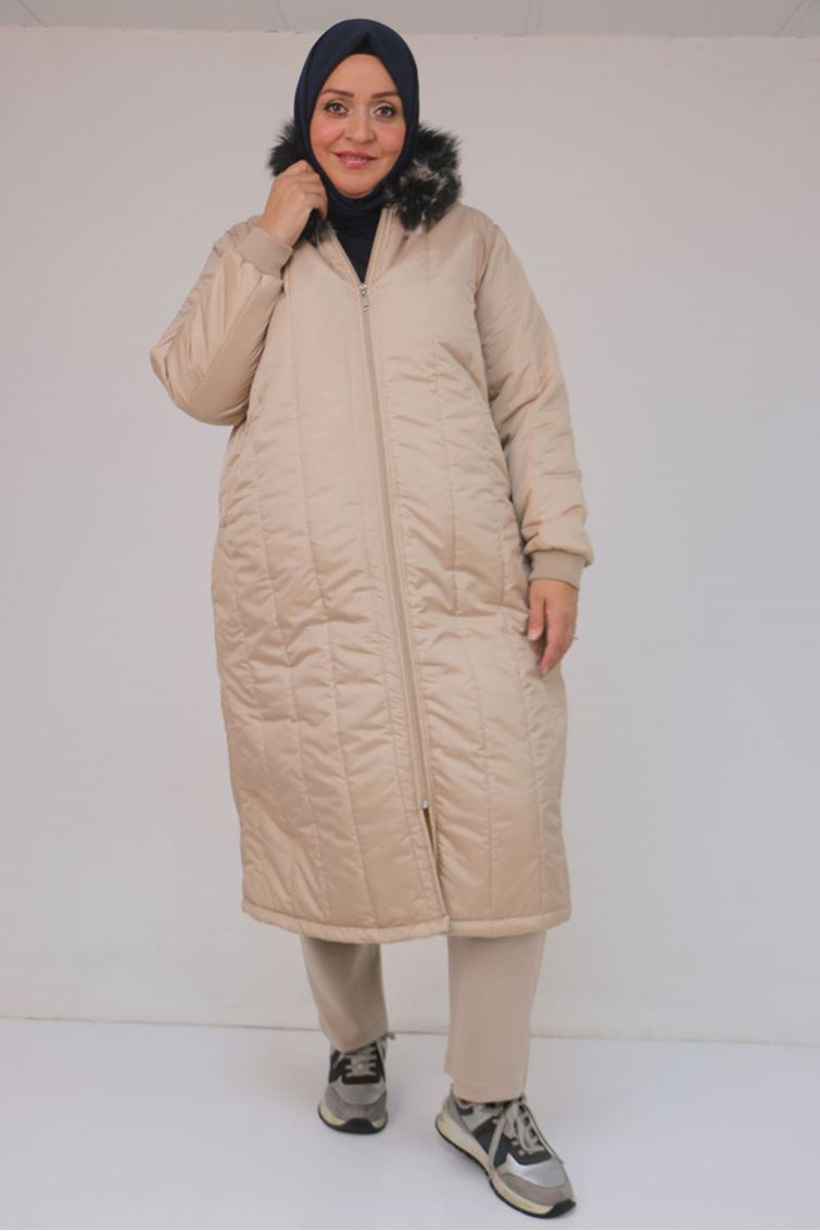 33093 Büyük Beden Kapişonlu Kapitone Ceket-Vizon