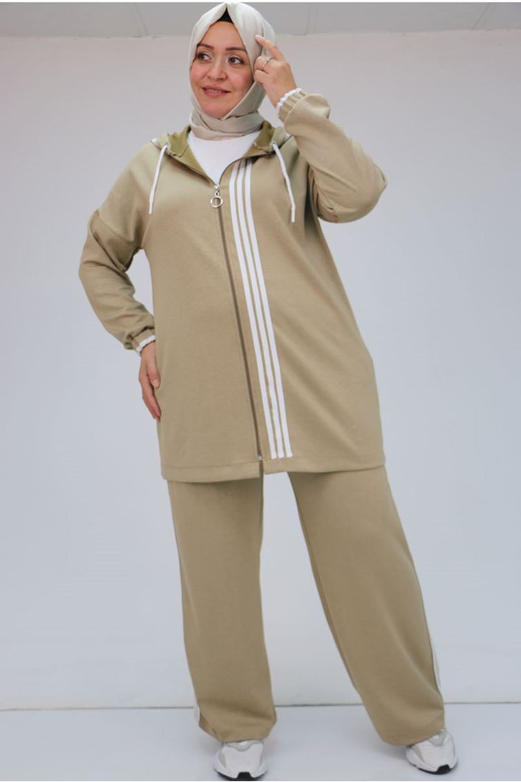 47058 Büyük Beden Şerit Detaylı Modal Pantolonlu Takım - BEJ
