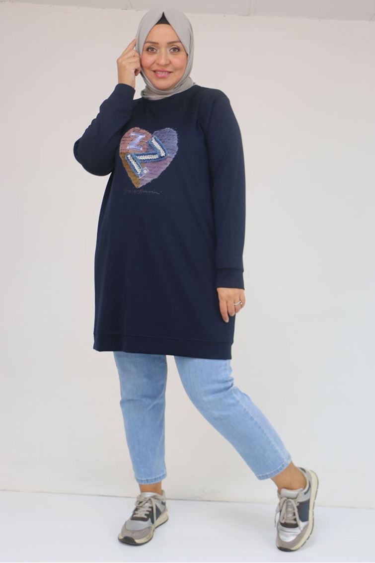 58141 Büyük Beden Önünde Kalp Baskılı Modal Tunik - Lacivert