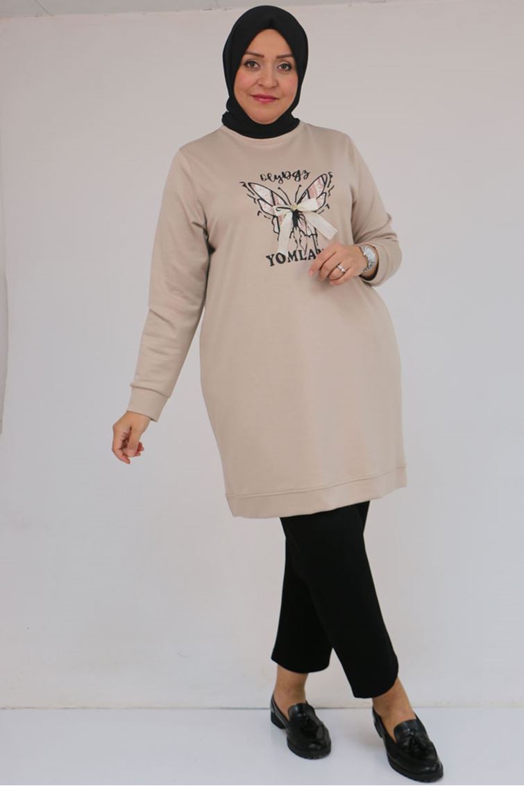 58145 Büyük Beden Kelebek Baskılı Modal Tunik - Vizon